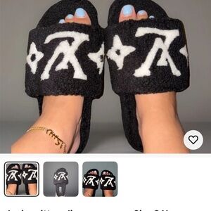 Black and White Logo Slippers size 8.5 used once no longer wanted QR code avail
